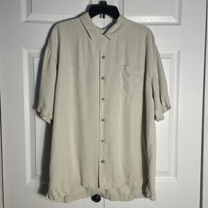 Tommy Bahama Shirt Men Extra Large Beige 100% Silk Pocket Boxy‎ Button Up Hawaii